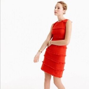 J Crew Fiery Red Orange Sundet Tweed Mini Dress with Fringe Detailing Size 6